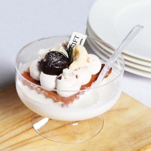 24-Pack Crystal Clear Footed Plastic Dessert Cups 6oz, Tasting Spoon Set Included - Disposable Appetizer Parfait Cups